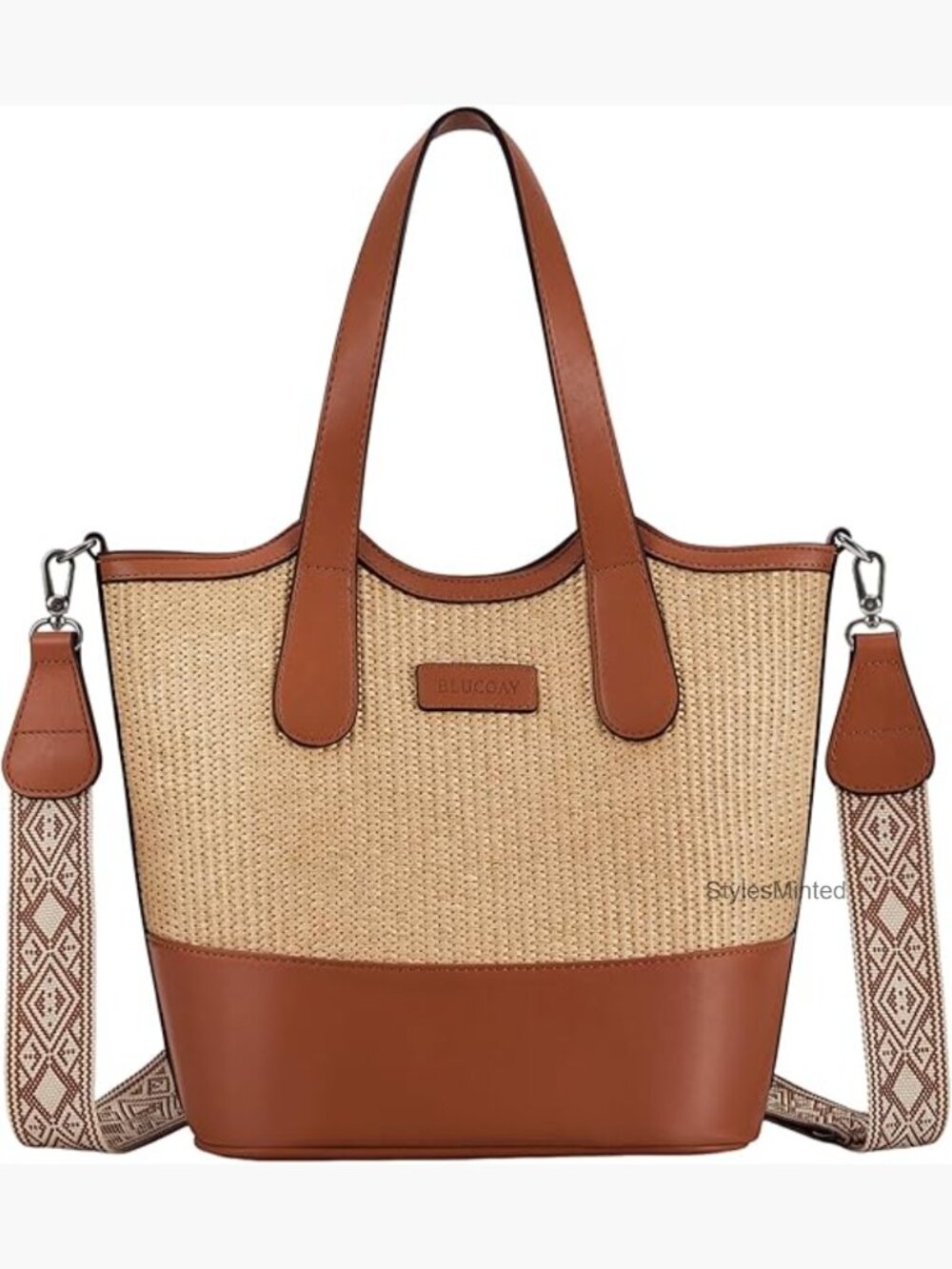 Straw & Vegan Leather Bucket Tote Bag Crossbody Top Handle Purse - Picture 1 of 7